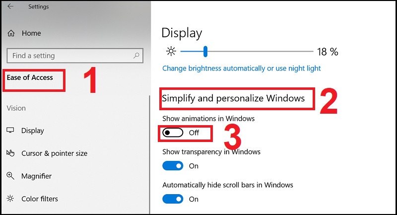 Tại t&ugrave;y chọn Show Animations in Windows h&atilde;y gạt thanh chọn để tắt t&iacute;nh năng hiển thị hiệu ứng l&agrave;m mở của Windows